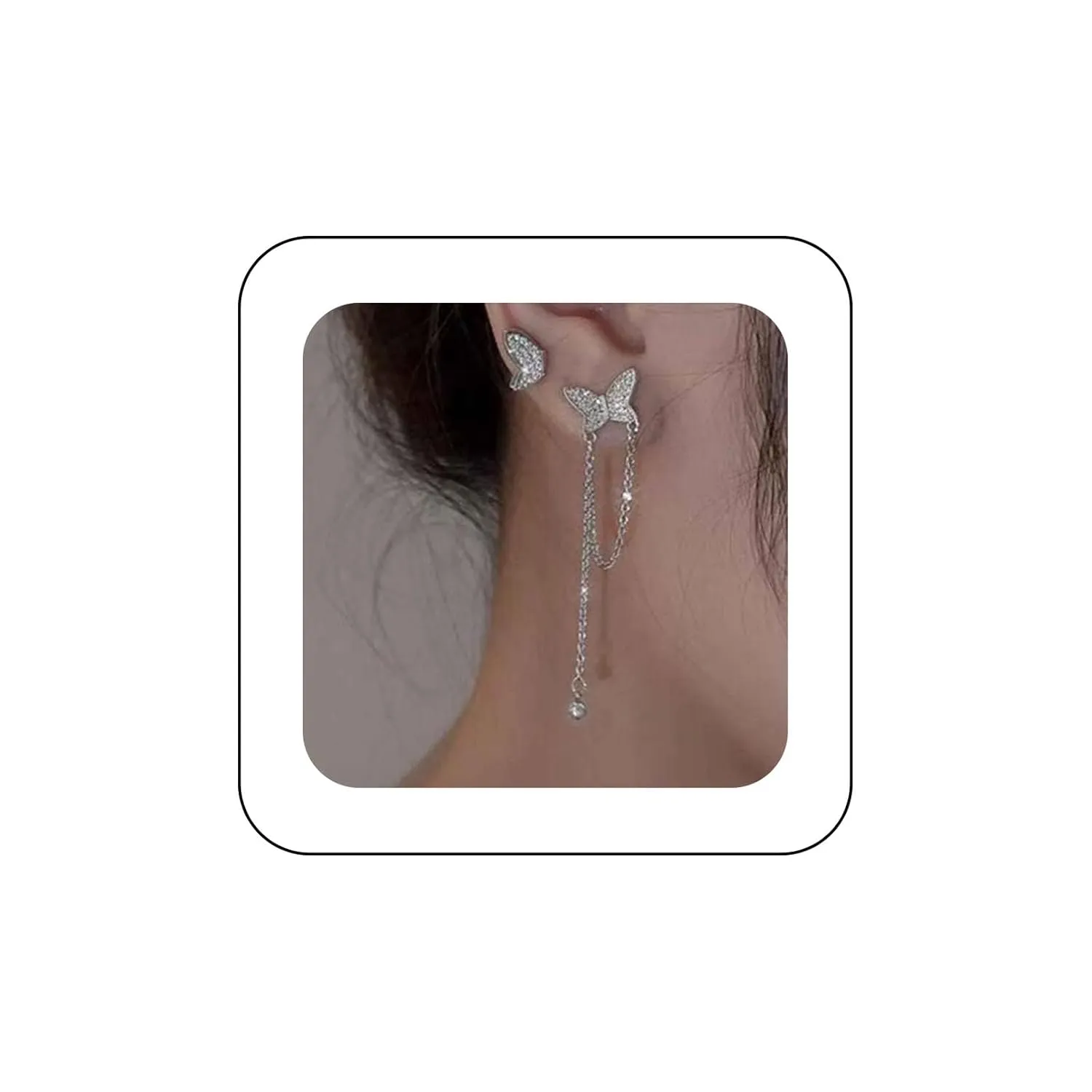 Andelaisi Boho Butterfly Earrings Long Butterfly Tassel Chain Earrings Vintage Cz Butterfly Studs Earrings Long Crystal Cz Drop Earrings Silver Butterfly Asymmetrical Earrings Jewelry for Women