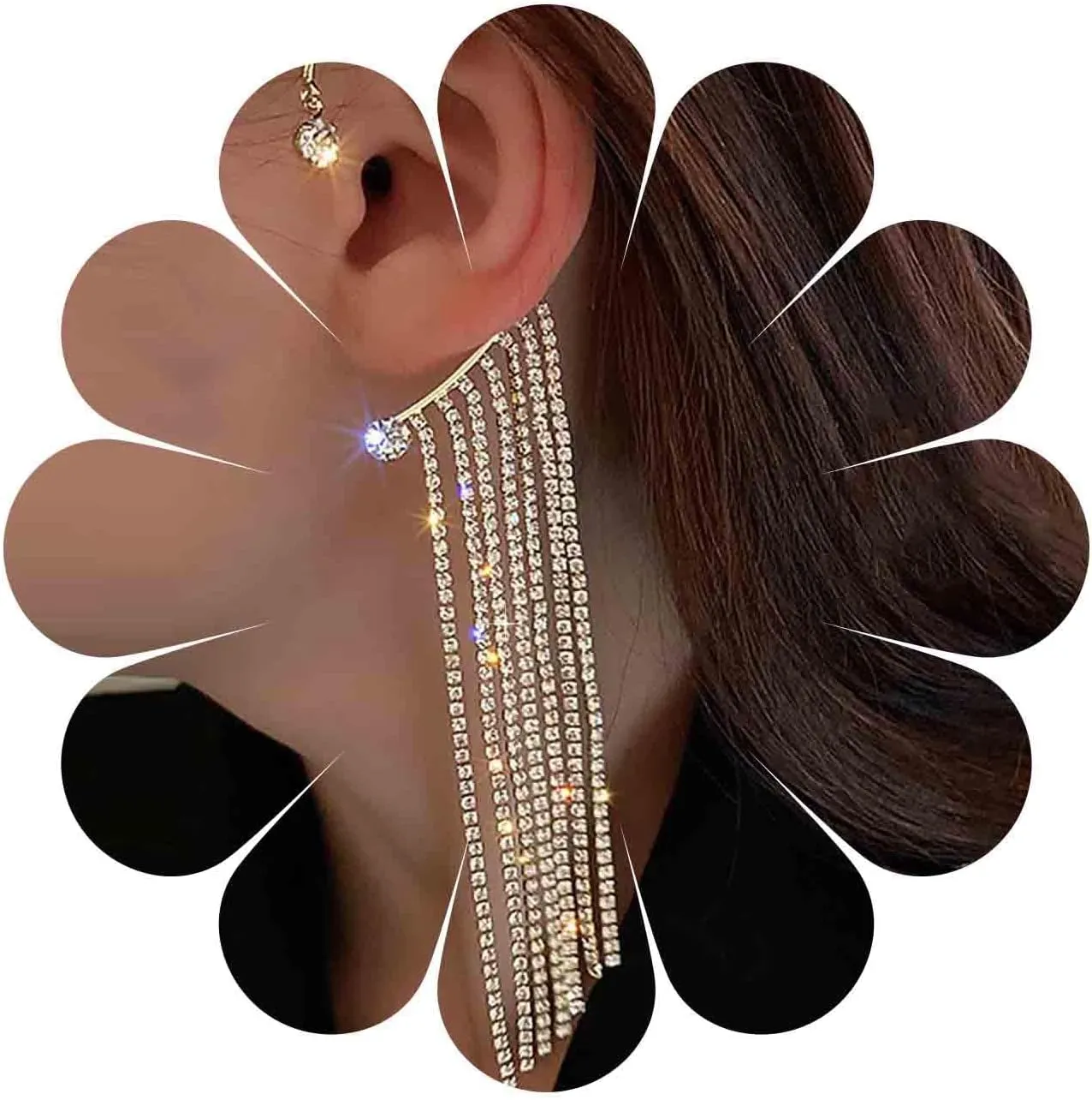 Andelaisi Boho Crystal Tassel Chain Earrings Long Chain Tassel Cuff Crawler Earrings Sparkly Crystal Cz Chain Drop Earrings Vintage Rhinestone Long Tassel Earrings Jewelry for Women
