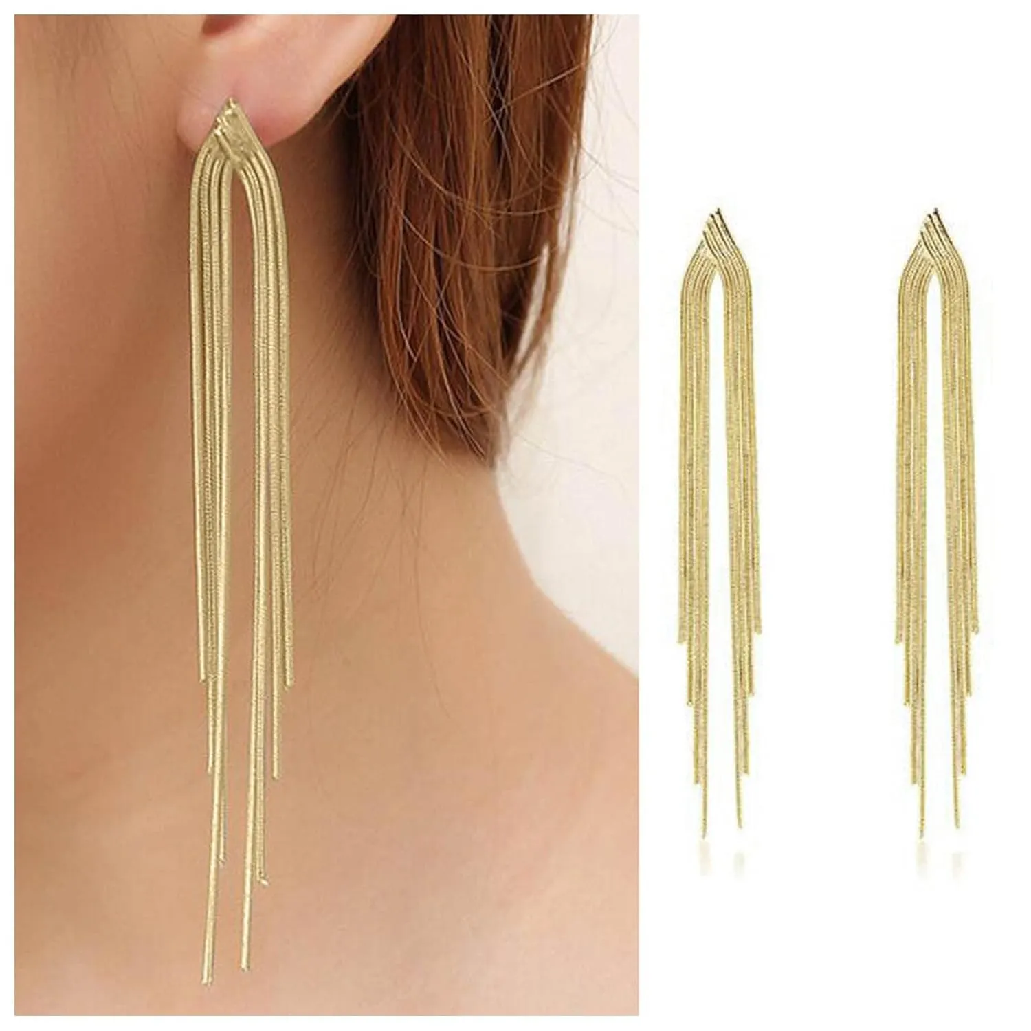Andelaisi Boho Long Tassel Chain Earrings Gold Snake Chain Drop Earrings Vintage Metal Sleek Chain Earrings Long Fringe Chain Drop Earrings Jewelry for Wedding Party