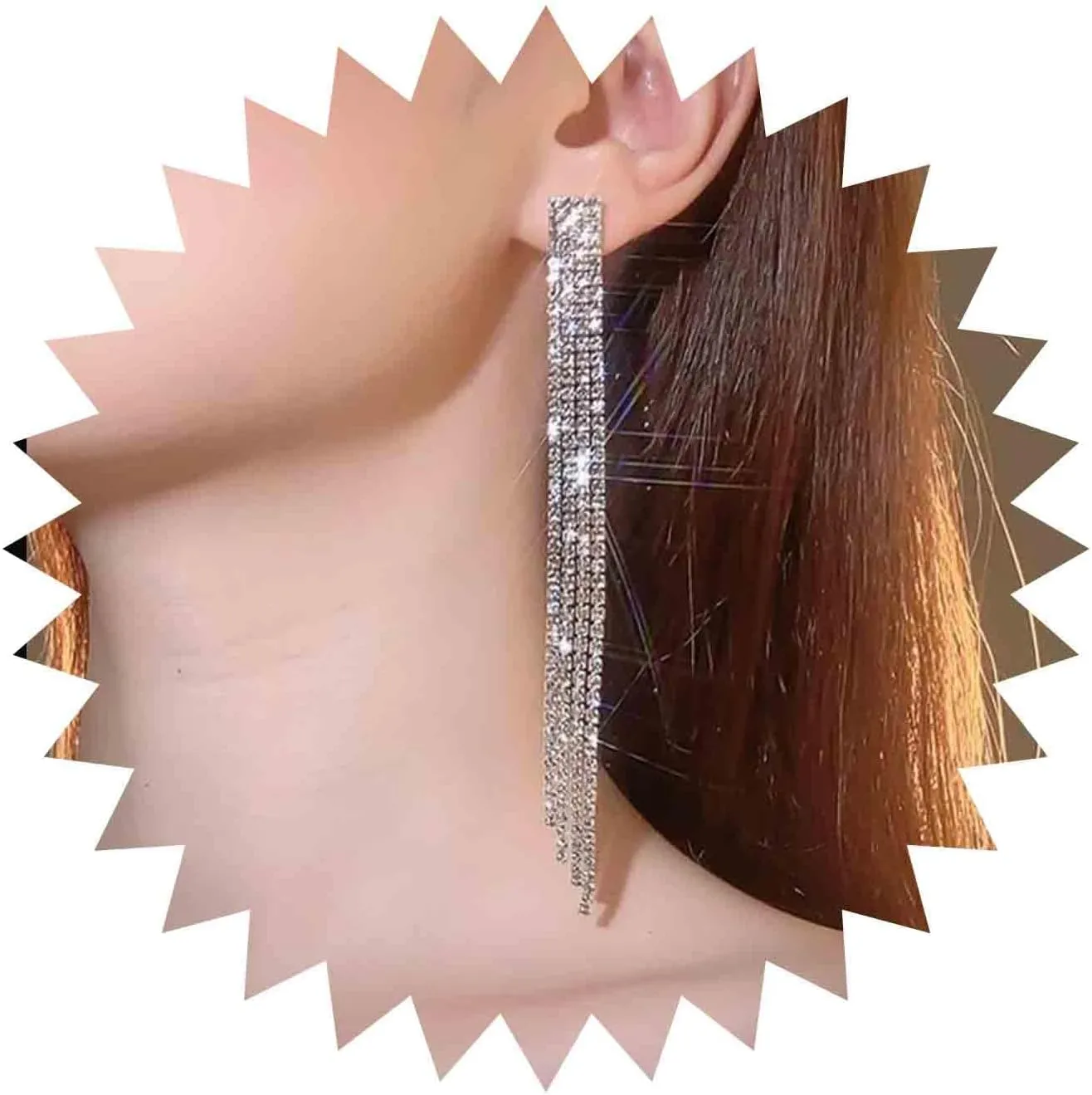 Andelaisi Boho Rhinestone Tassel Earrings Silver Long Crystal Chain Earrings Long Chain Tassel Drop Earrings Vintage Cz Tassels Chain Earrings Wedding Chandeliers Dangle Earrings Jewelry