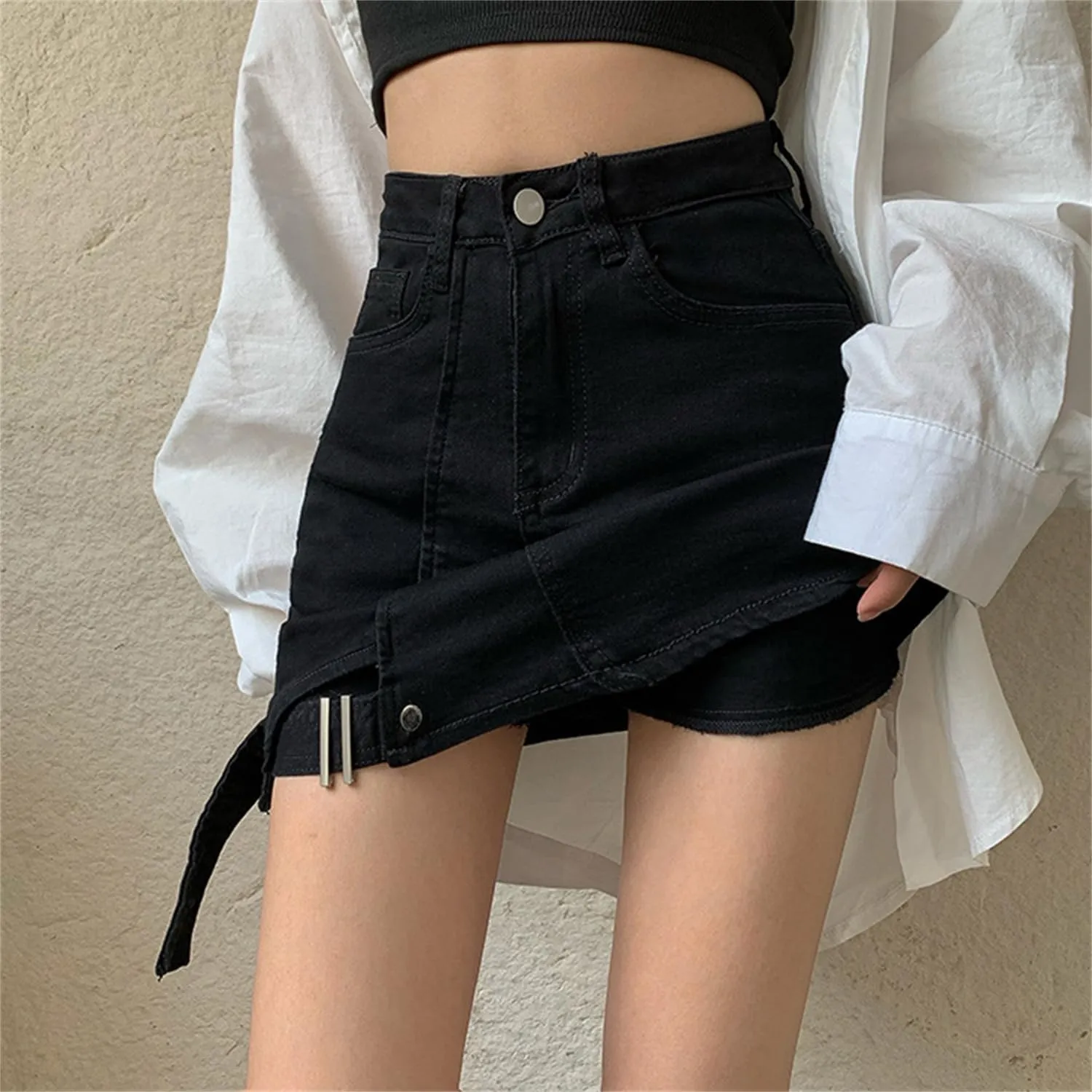 Andongnywell Womens Casual Skirt Shorts Buttoned Strap Hem Denim Skorts High Rise Summer Jean Shorts Skirt with Pockets