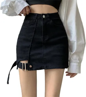 Andongnywell Womens Casual Skirt Shorts Buttoned Strap Hem Denim Skorts High Rise Summer Jean Shorts Skirt with Pockets