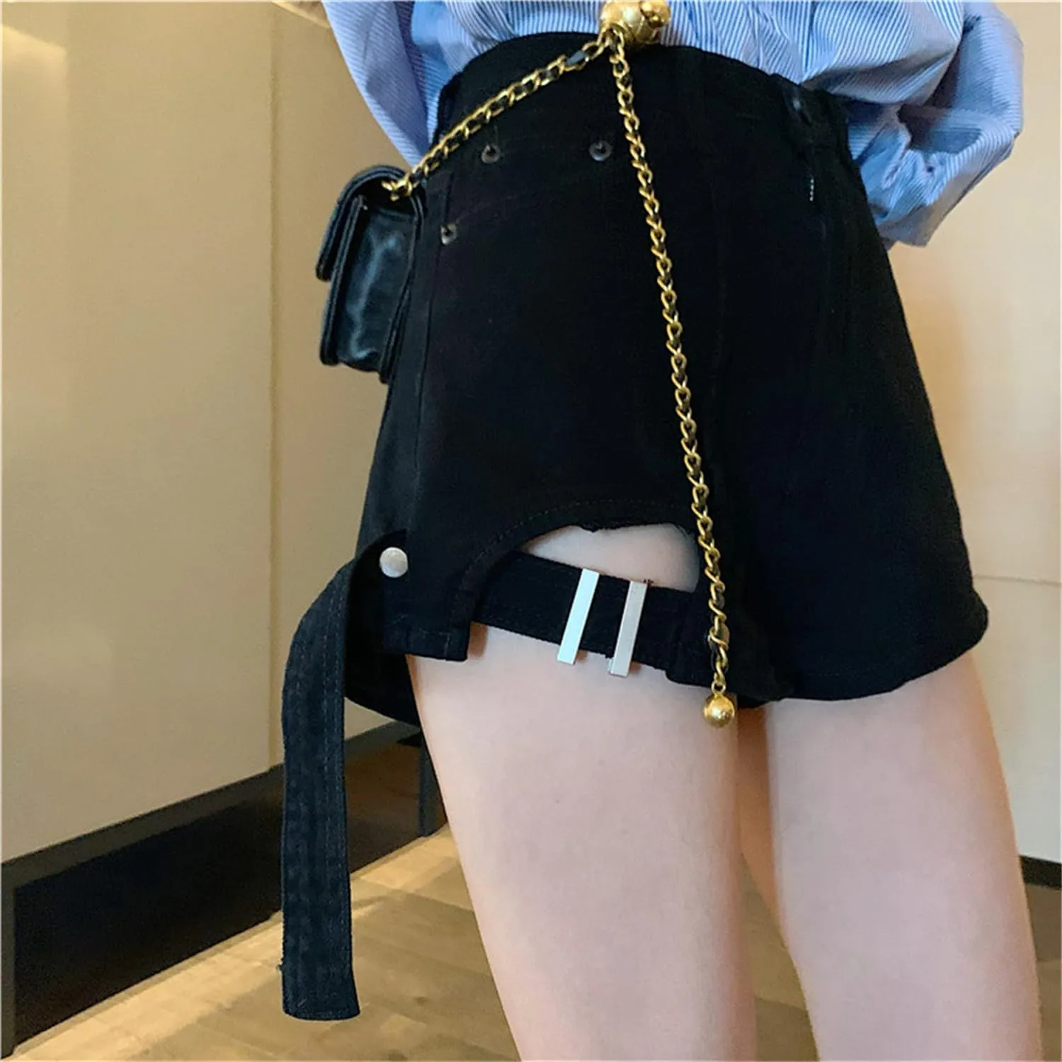 Andongnywell Womens Casual Skirt Shorts Buttoned Strap Hem Denim Skorts High Rise Summer Jean Shorts Skirt with Pockets
