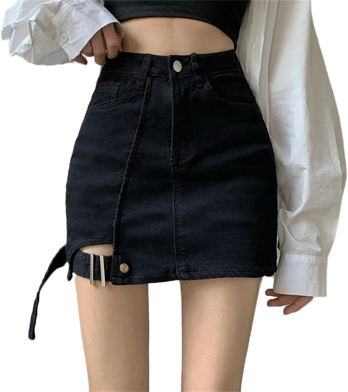 Andongnywell Womens Casual Skirt Shorts Buttoned Strap Hem Denim Skorts High Rise Summer Jean Shorts Skirt with Pockets