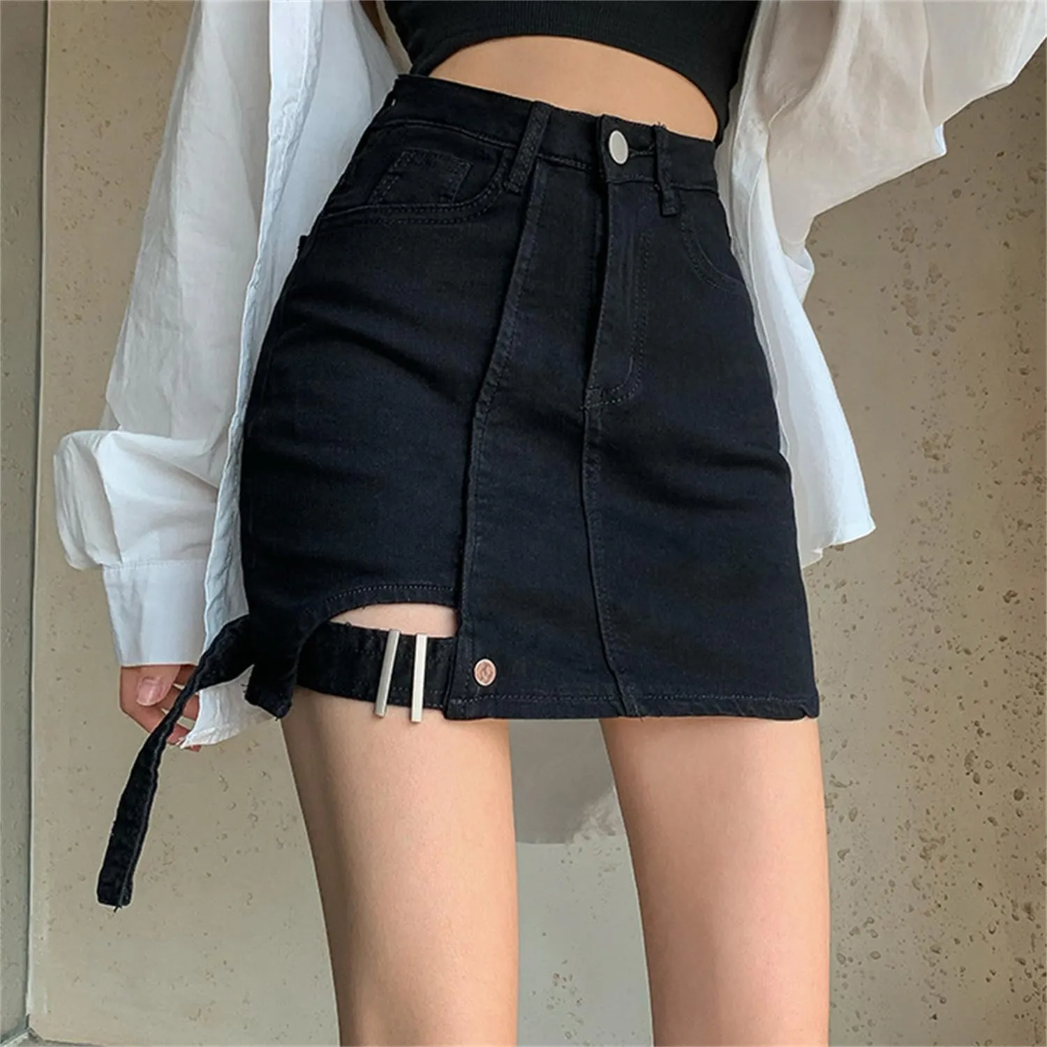 Andongnywell Womens Casual Skirt Shorts Buttoned Strap Hem Denim Skorts High Rise Summer Jean Shorts Skirt with Pockets