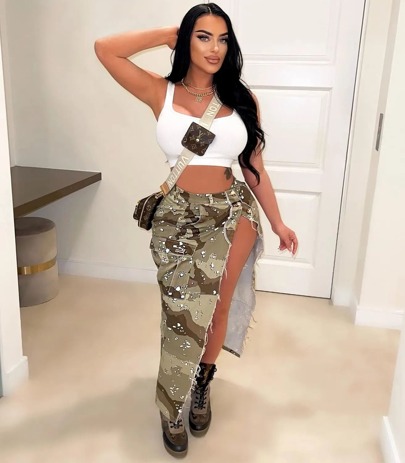 Angsuttc Cargo Skirt for Women Camo Skirts High Slit Button Maxi Skirt with Pockets