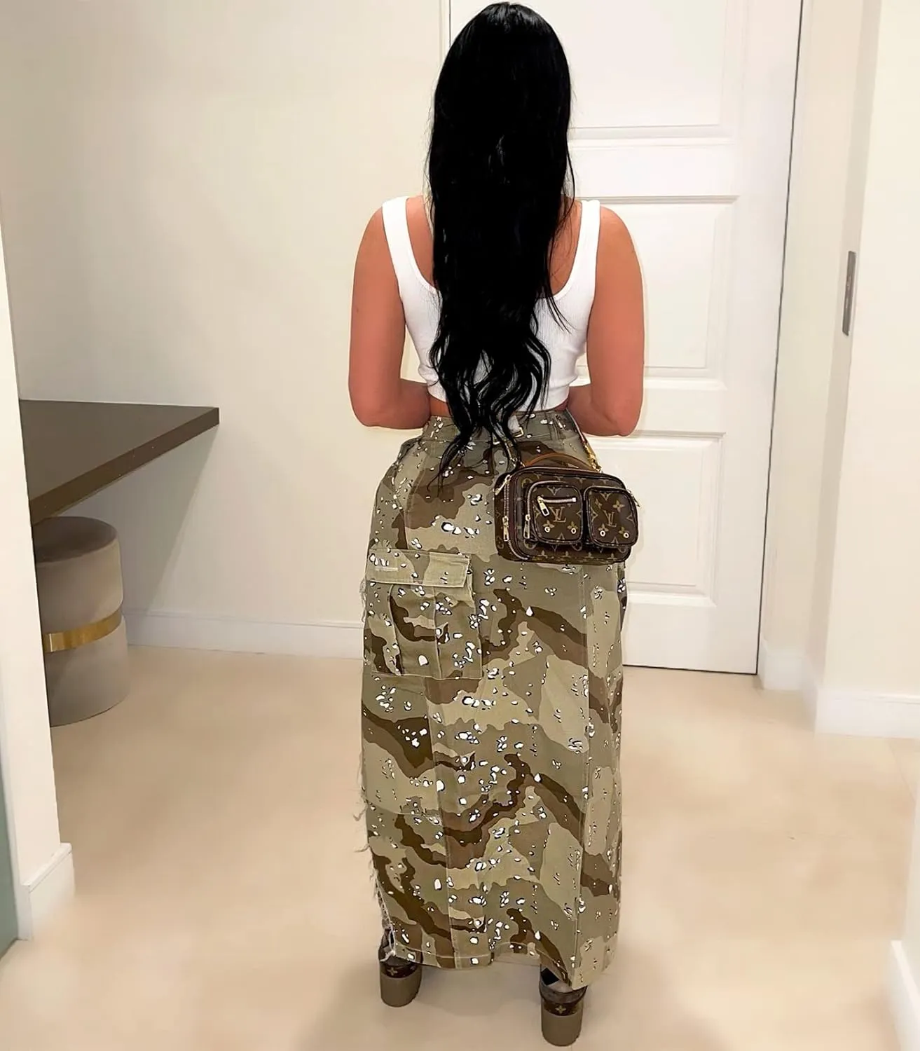 Angsuttc Cargo Skirt for Women Camo Skirts High Slit Button Maxi Skirt with Pockets