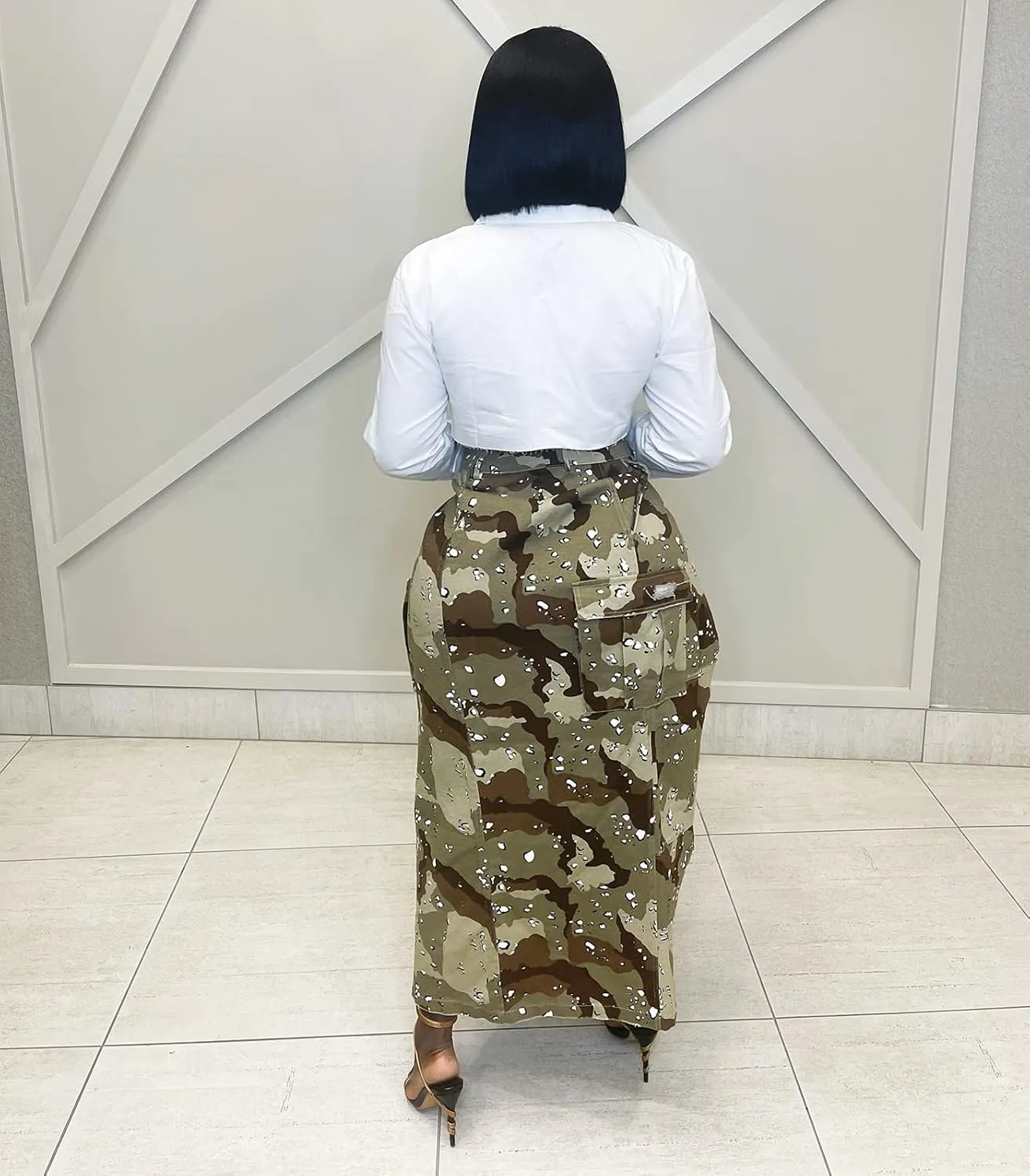 Angsuttc Cargo Skirt for Women Camo Skirts High Slit Button Maxi Skirt with Pockets