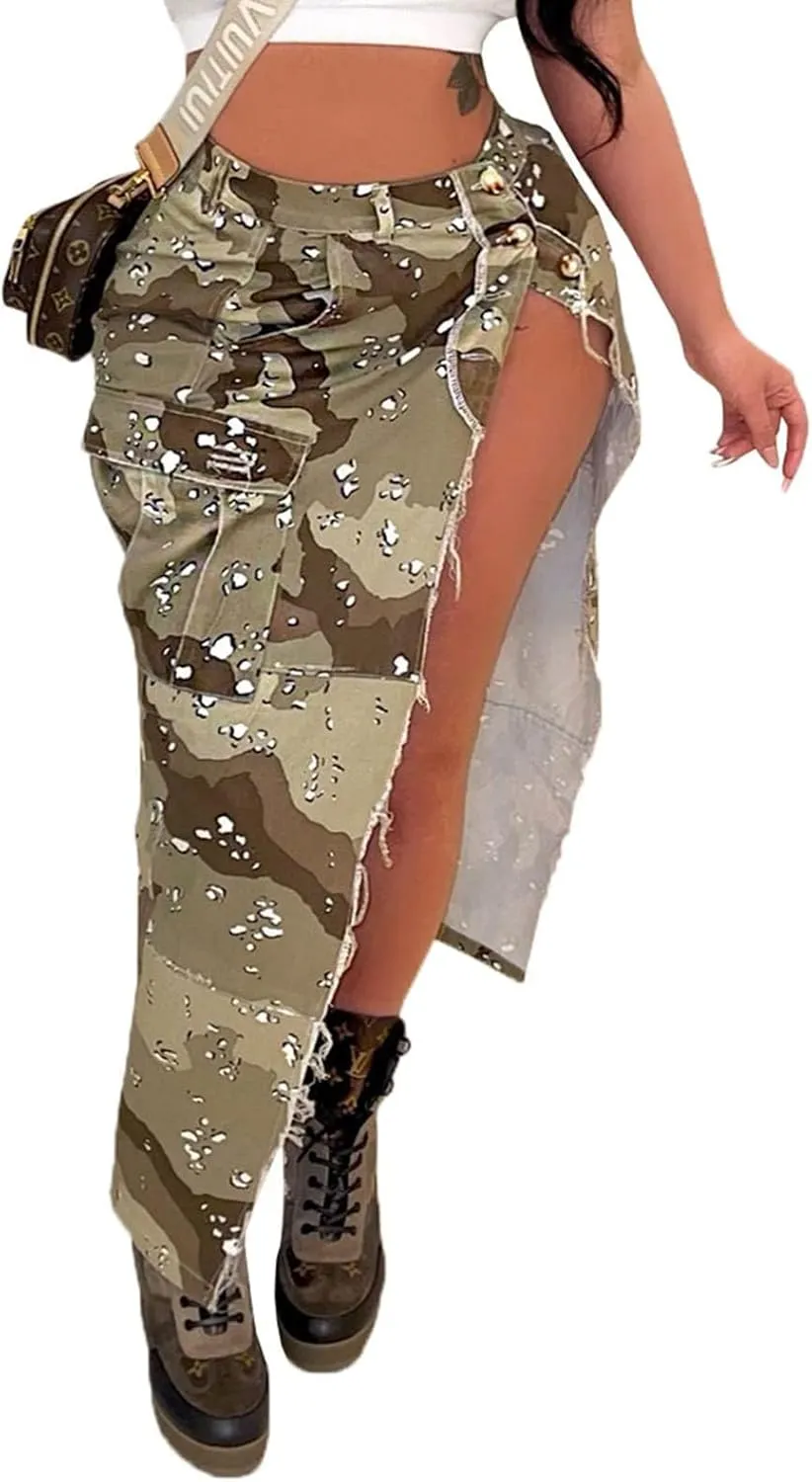 Angsuttc Cargo Skirt for Women Camo Skirts High Slit Button Maxi Skirt with Pockets