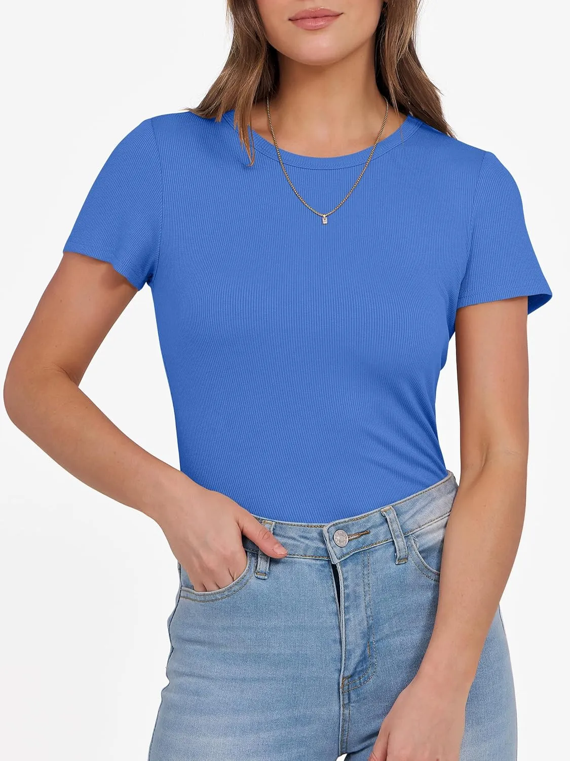 ANRABESS Women Short Sleeve Crewneck Ribbed Knit Slim Fitted Shirts Summer Tops Basic Tee T-Shirt Casual Spring 2025 Clothes