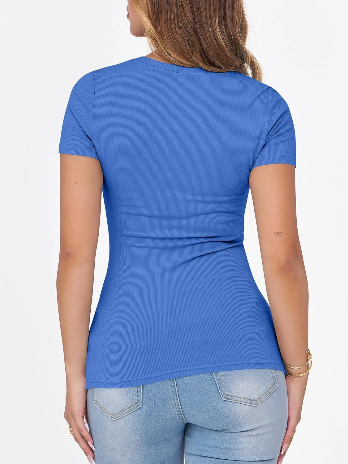 ANRABESS Women Short Sleeve Crewneck Ribbed Knit Slim Fitted Shirts Summer Tops Basic Tee T-Shirt Casual Spring 2025 Clothes