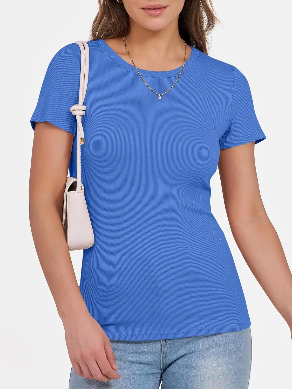 ANRABESS Women Short Sleeve Crewneck Ribbed Knit Slim Fitted Shirts Summer Tops Basic Tee T-Shirt Casual Spring 2025 Clothes