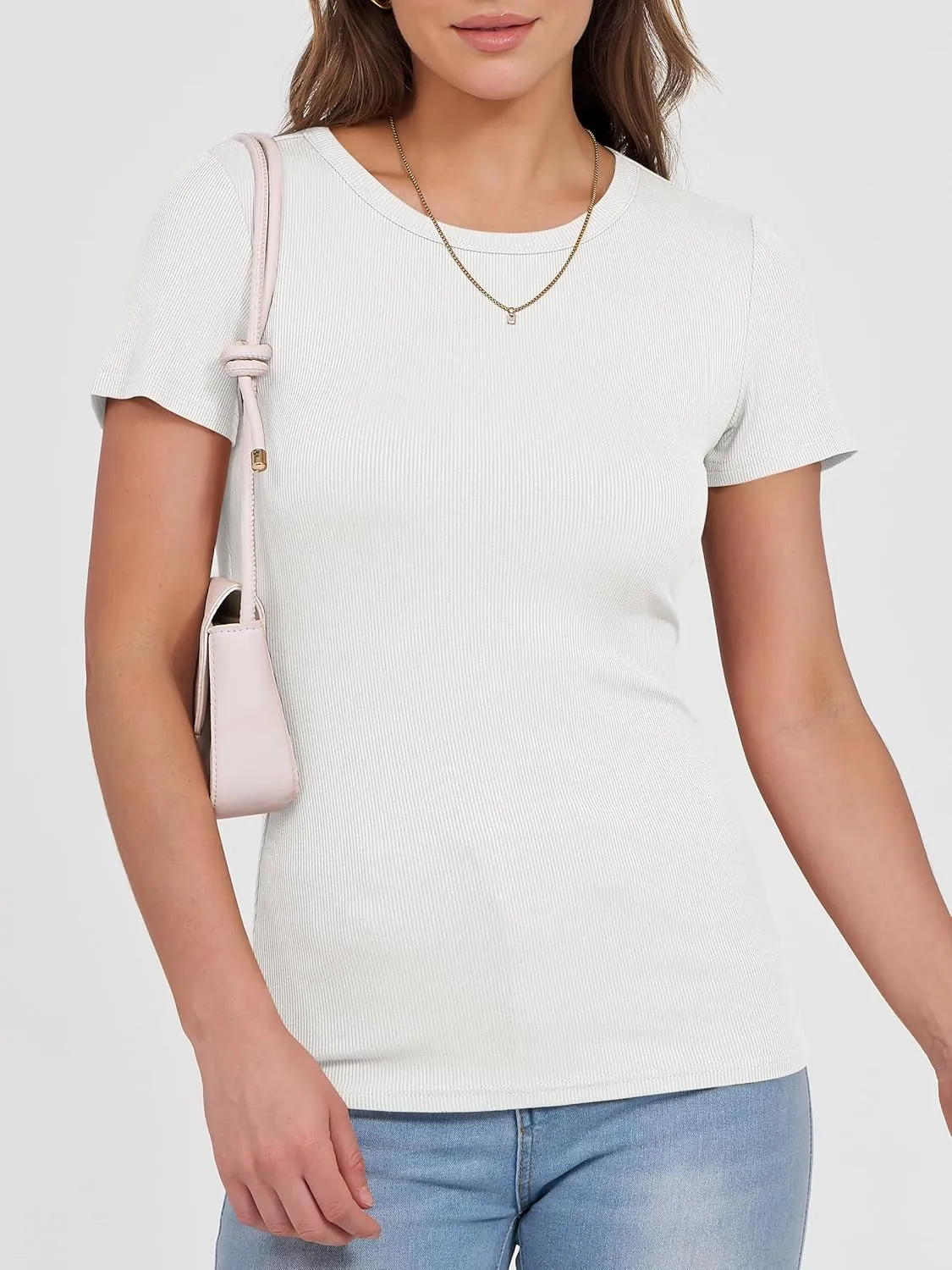 ANRABESS Women Short Sleeve Crewneck Ribbed Knit Slim Fitted Shirts Summer Tops Basic Tee T-Shirt Casual Spring 2025 Clothes