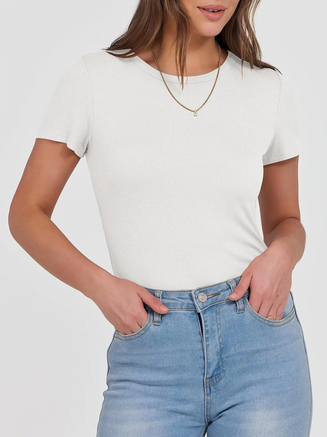 ANRABESS Women Short Sleeve Crewneck Ribbed Knit Slim Fitted Shirts Summer Tops Basic Tee T-Shirt Casual Spring 2025 Clothes