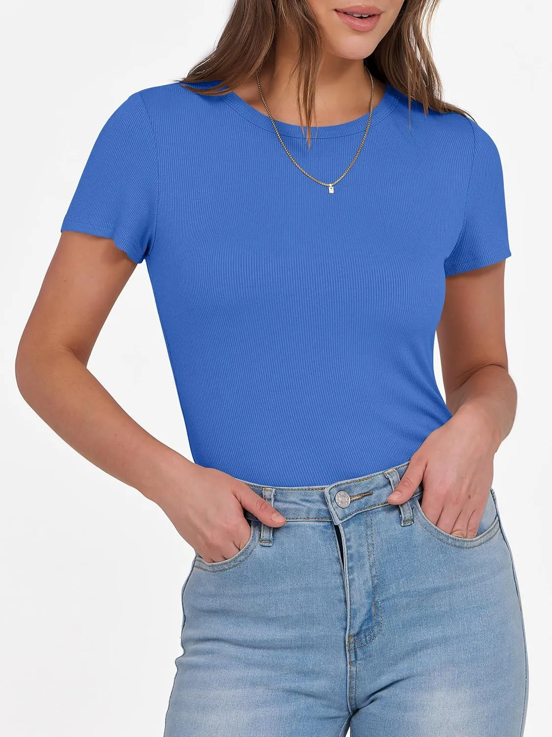 ANRABESS Women Short Sleeve Crewneck Ribbed Knit Slim Fitted Shirts Summer Tops Basic Tee T-Shirt Casual Spring 2025 Clothes
