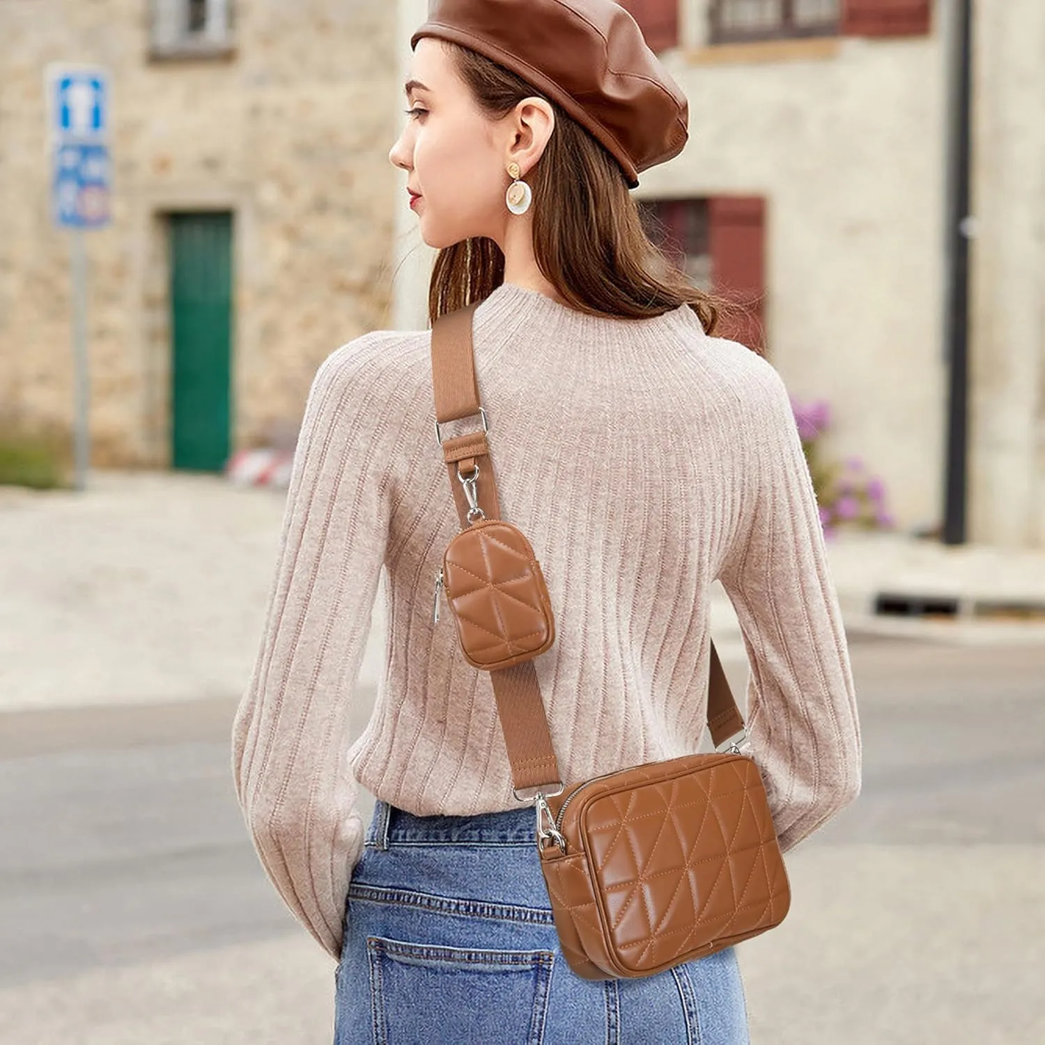 AOCINA Quilted Crossbody Bags for Women with Coin Purse Soft Leather Crossbody Purse Small Shoulder Handbags
