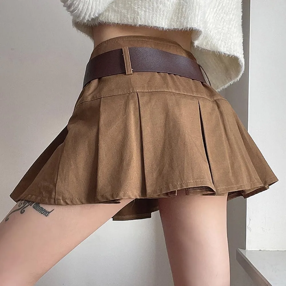 AULKEEP Womens College Style Mini Belt Skirts Swing A-Line Pleated Skirt Vintage Ruffle Short Brown Skirts