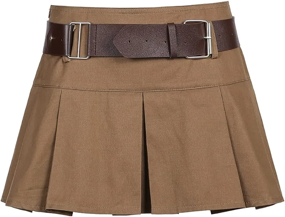 AULKEEP Womens College Style Mini Belt Skirts Swing A-Line Pleated Skirt Vintage Ruffle Short Brown Skirts