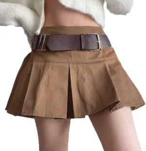 AULKEEP Womens College Style Mini Belt Skirts Swing A-Line Pleated Skirt Vintage Ruffle Short Brown Skirts