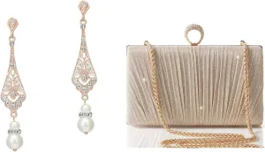 BABEYOND 1920s Vintage Wedding Pearl Dangle Drop Earrings Art Deco Gatsby Earrings Clutch Purses for Women Evening Bag Glitter Pleated Clutch for Bride Party Prom