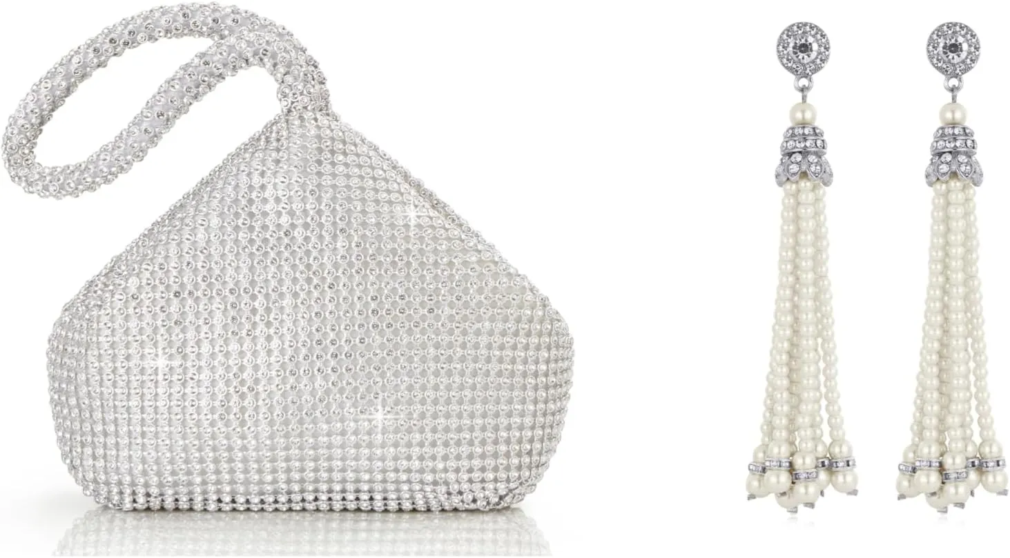 BABEYOND Women's Rhinestone Clutch Evening Bags Sparkly Glitter Triangle Purse 1920s Flapper Art Deco Gatsby Earrings 20s Flapper Gatsby Accessories Vintage Wedding Dangle Pearl Earrings