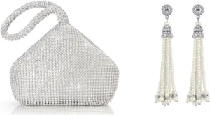 BABEYOND Women's Rhinestone Clutch Evening Bags Sparkly Glitter Triangle Purse 1920s Flapper Art Deco Gatsby Earrings 20s Flapper Gatsby Accessories Vintage Wedding Dangle Pearl Earrings