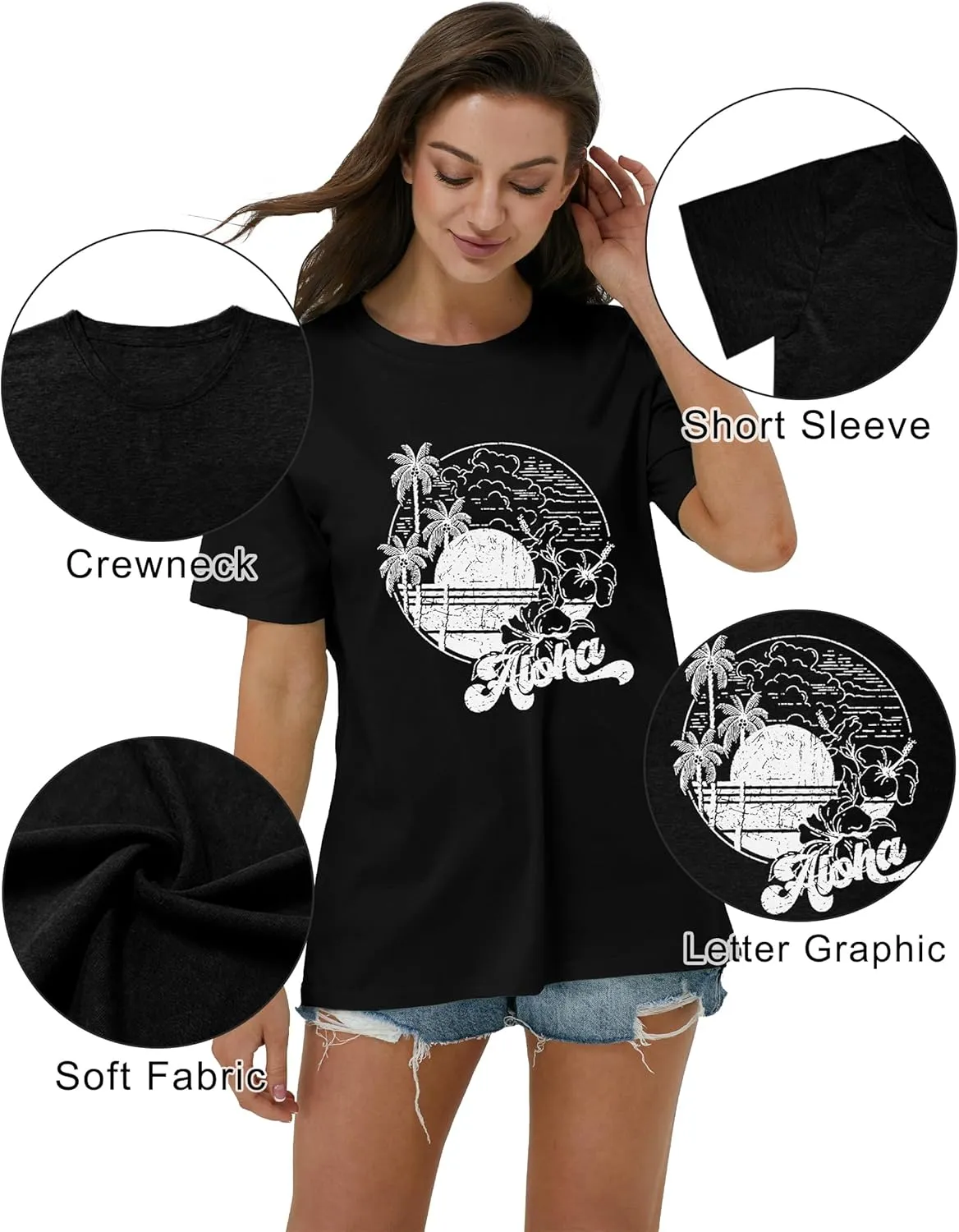 Beach Shirts for Women Summer Graphic Casual Tee Tops Short Sleeve Vacation Vintage Tshirt