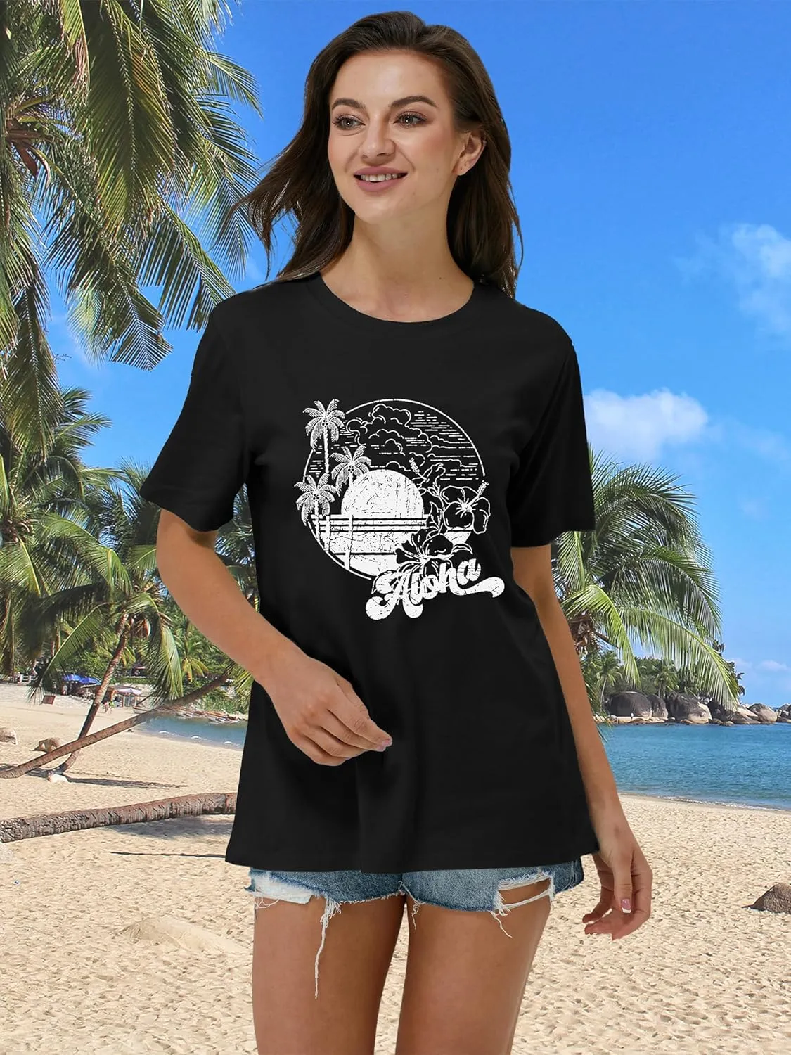 Beach Shirts for Women Summer Graphic Casual Tee Tops Short Sleeve Vacation Vintage Tshirt