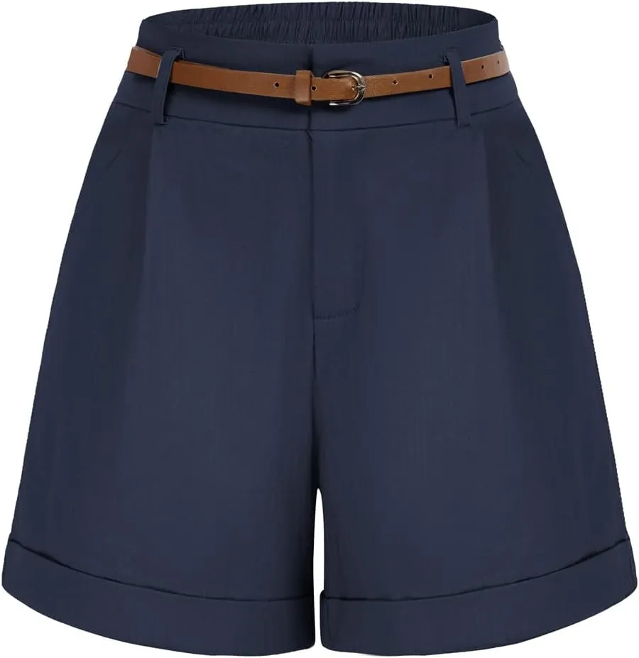 Belle Poque Women Bermuda Shorts Elastic Waist Wide Leg Shorts with Pockets & Belts