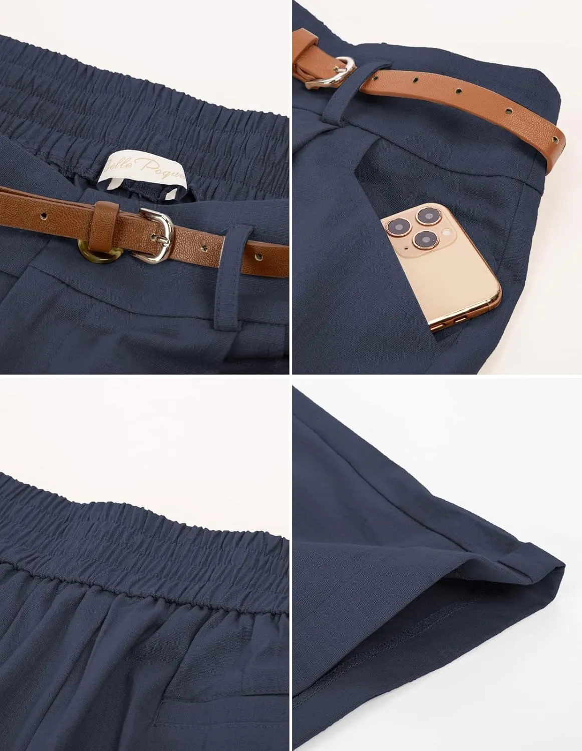 Belle Poque Women Bermuda Shorts Elastic Waist Wide Leg Shorts with Pockets & Belts