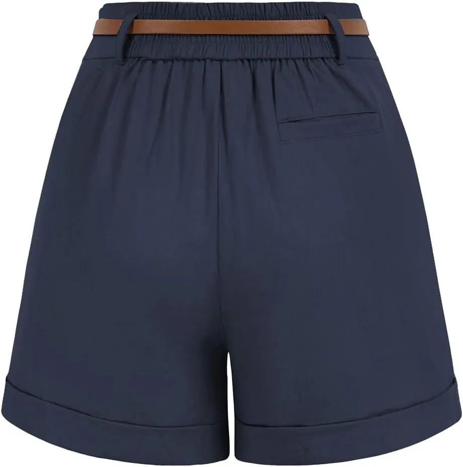 Belle Poque Women Bermuda Shorts Elastic Waist Wide Leg Shorts with Pockets & Belts