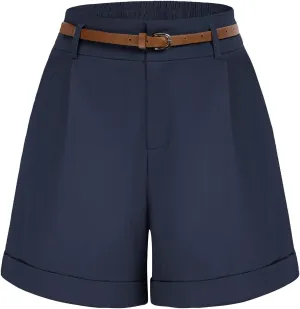 Belle Poque Women Bermuda Shorts Elastic Waist Wide Leg Shorts with Pockets & Belts