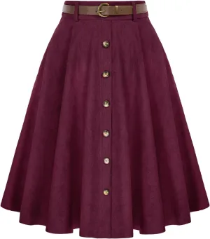 Belle Poque Women's Knee Length Corduroy Skirt Vintage Stretch High Waist A-Line Midi Skirt with Pockets & Belts