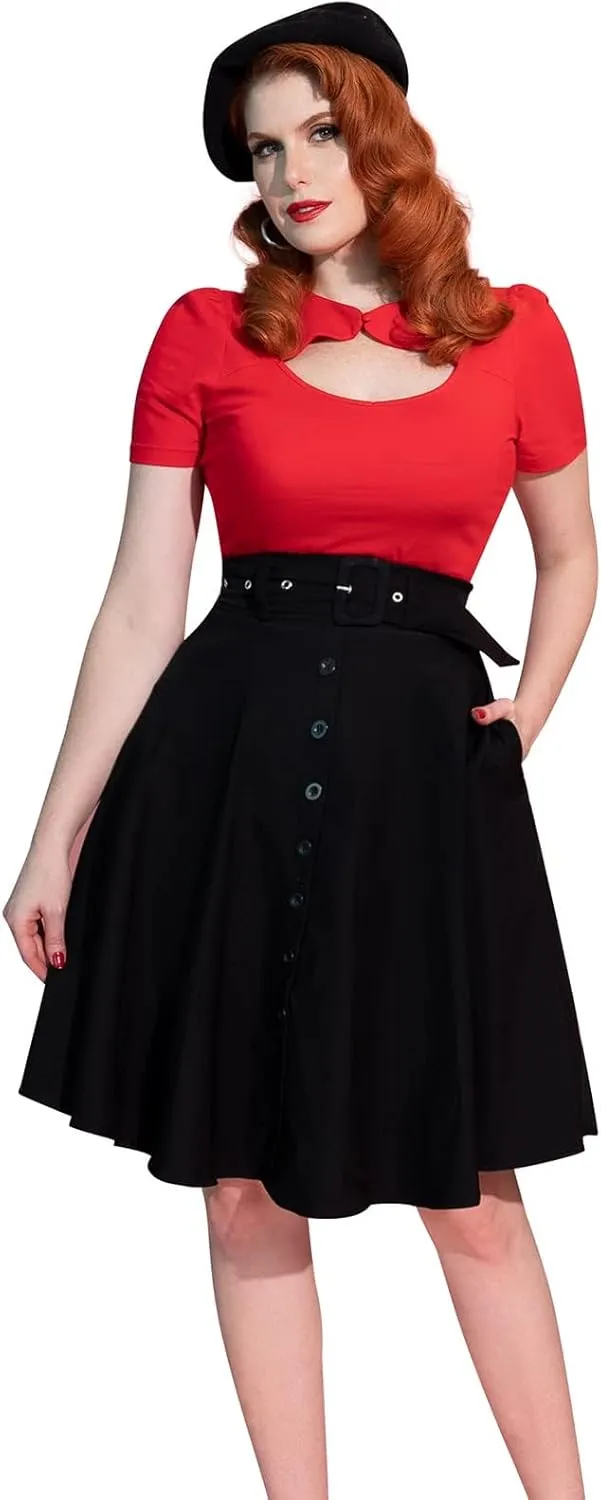 Belle Poque Women's Vintage Skirts High Waisted Flared A-Line Midi Skirt with Belt Pockets & Belts