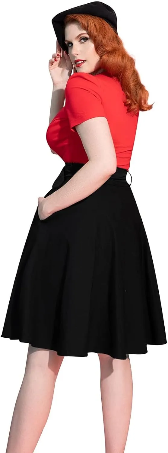 Belle Poque Women's Vintage Skirts High Waisted Flared A-Line Midi Skirt with Belt Pockets & Belts