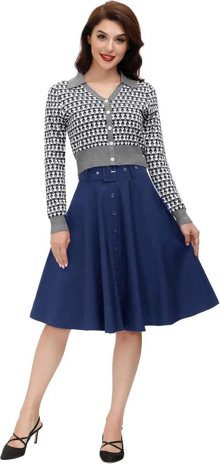 Belle Poque Women's Vintage Skirts High Waisted Flared A-Line Midi Skirt with Belt Pockets & Belts