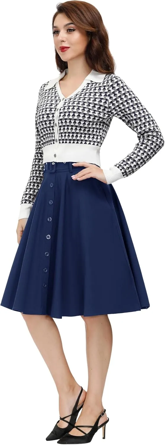 Belle Poque Women's Vintage Skirts High Waisted Flared A-Line Midi Skirt with Belt Pockets & Belts