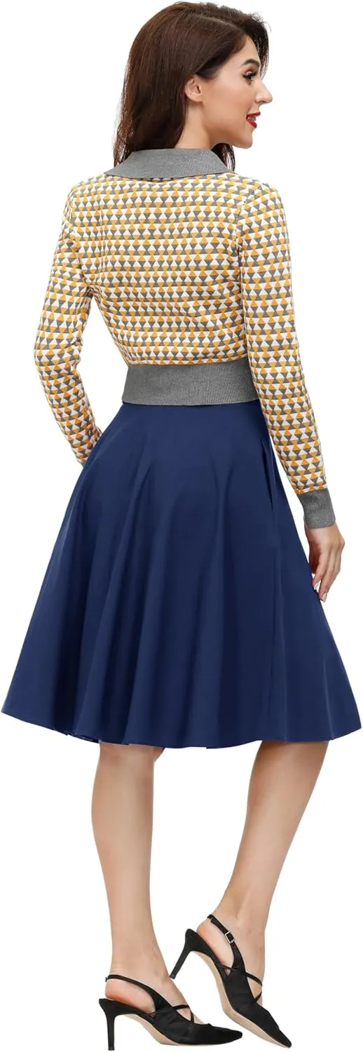 Belle Poque Women's Vintage Skirts High Waisted Flared A-Line Midi Skirt with Belt Pockets & Belts