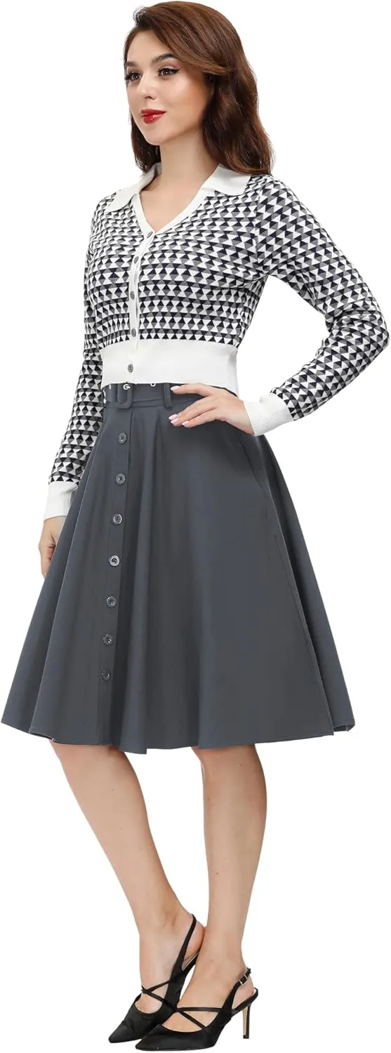 Belle Poque Women's Vintage Skirts High Waisted Flared A-Line Midi Skirt with Belt Pockets & Belts