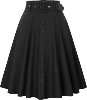 Belle Poque Women's Vintage Skirts High Waisted Flared A-Line Midi Skirt with Belt Pockets & Belts