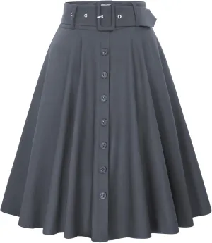 Belle Poque Women's Vintage Skirts High Waisted Flared A-Line Midi Skirt with Belt Pockets & Belts