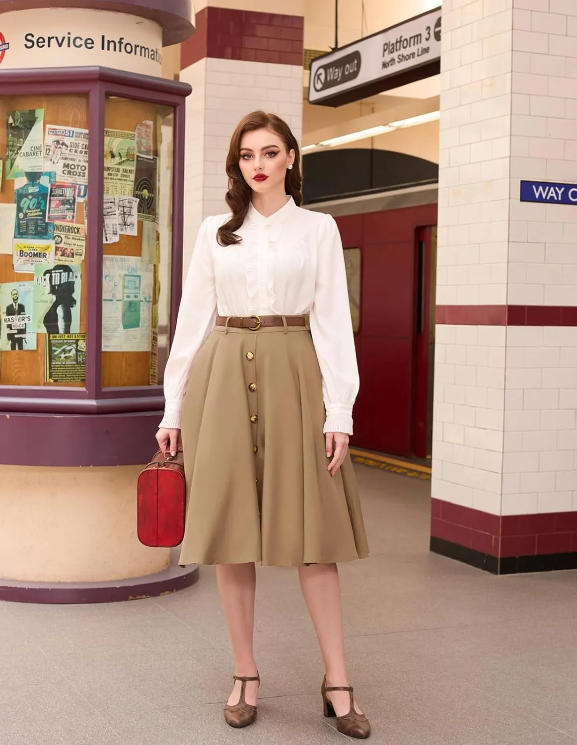 Belle Poque Women's Vintage Stretch High Waist A-Line Flared Midi Skirts with Pockets & Belts