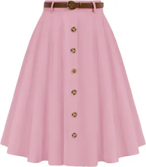 Belle Poque Women's Vintage Stretch High Waist A-Line Flared Midi Skirts with Pockets & Belts