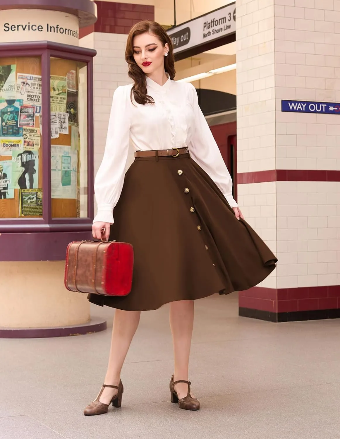 Belle Poque Women's Vintage Stretch High Waist A-Line Flared Midi Skirts with Pockets & Belts
