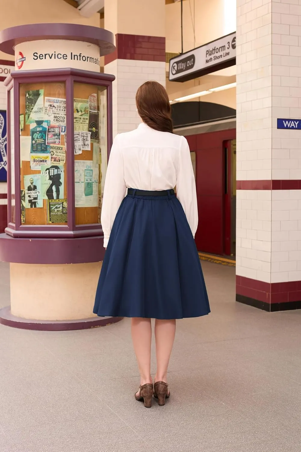 Belle Poque Women's Vintage Stretch High Waist A-Line Flared Midi Skirts with Pockets & Belts