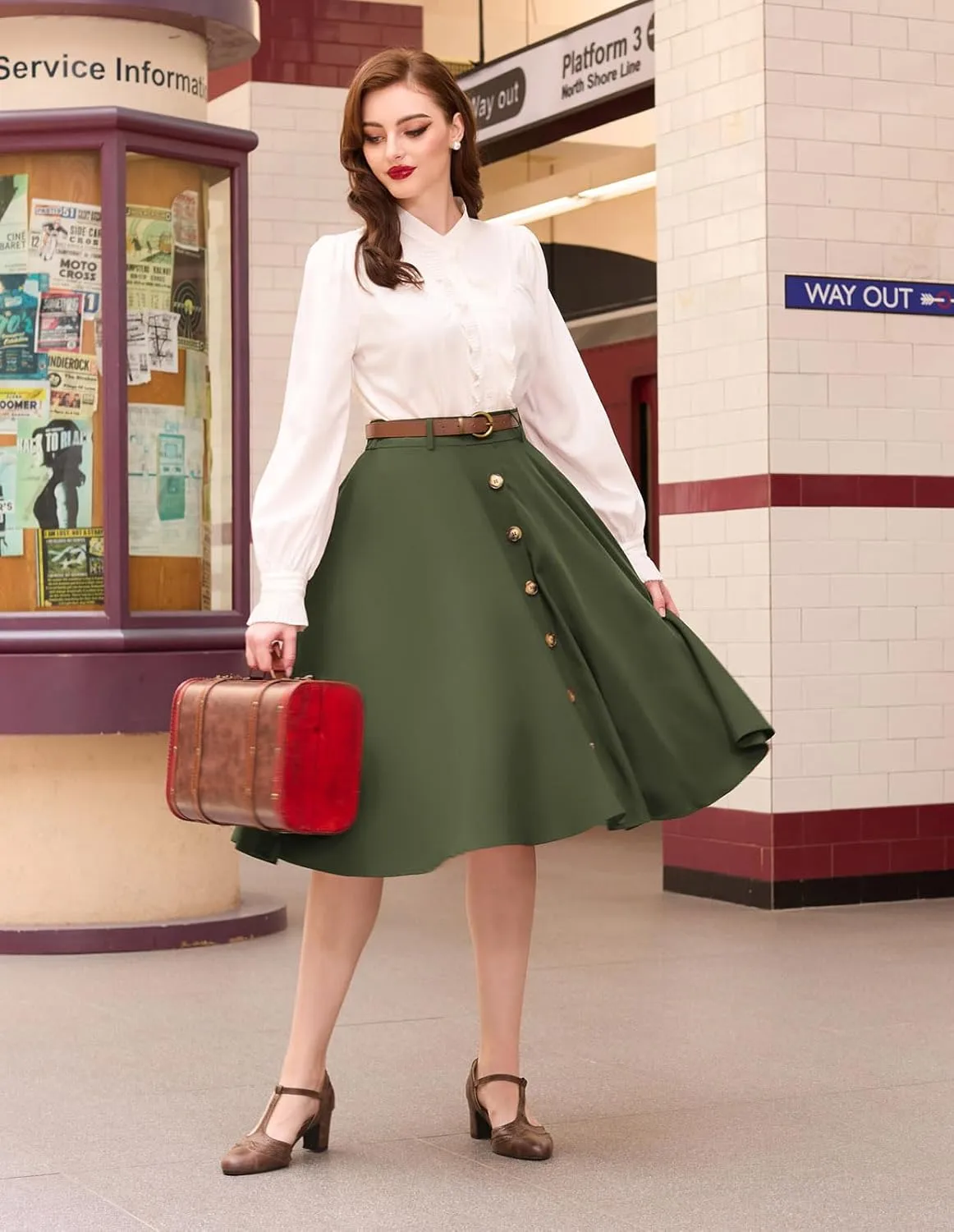 Belle Poque Women's Vintage Stretch High Waist A-Line Flared Midi Skirts with Pockets & Belts