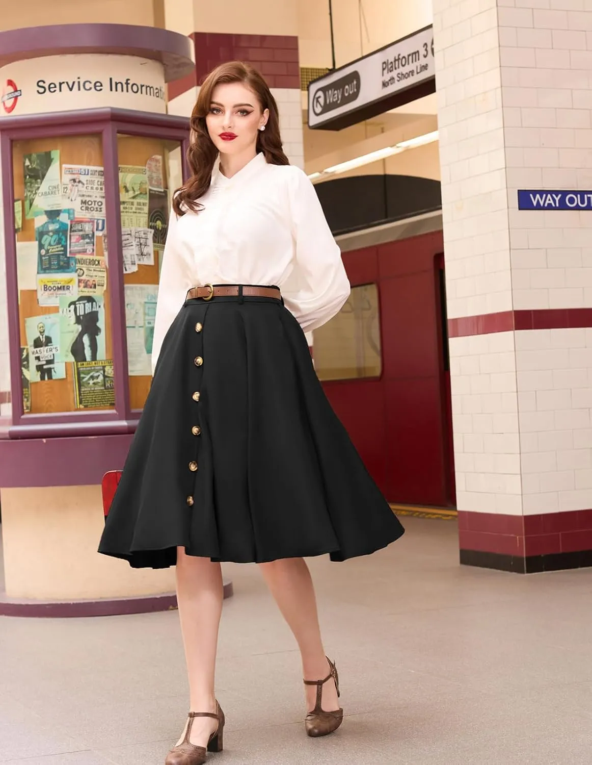 Belle Poque Women's Vintage Stretch High Waist A-Line Flared Midi Skirts with Pockets & Belts