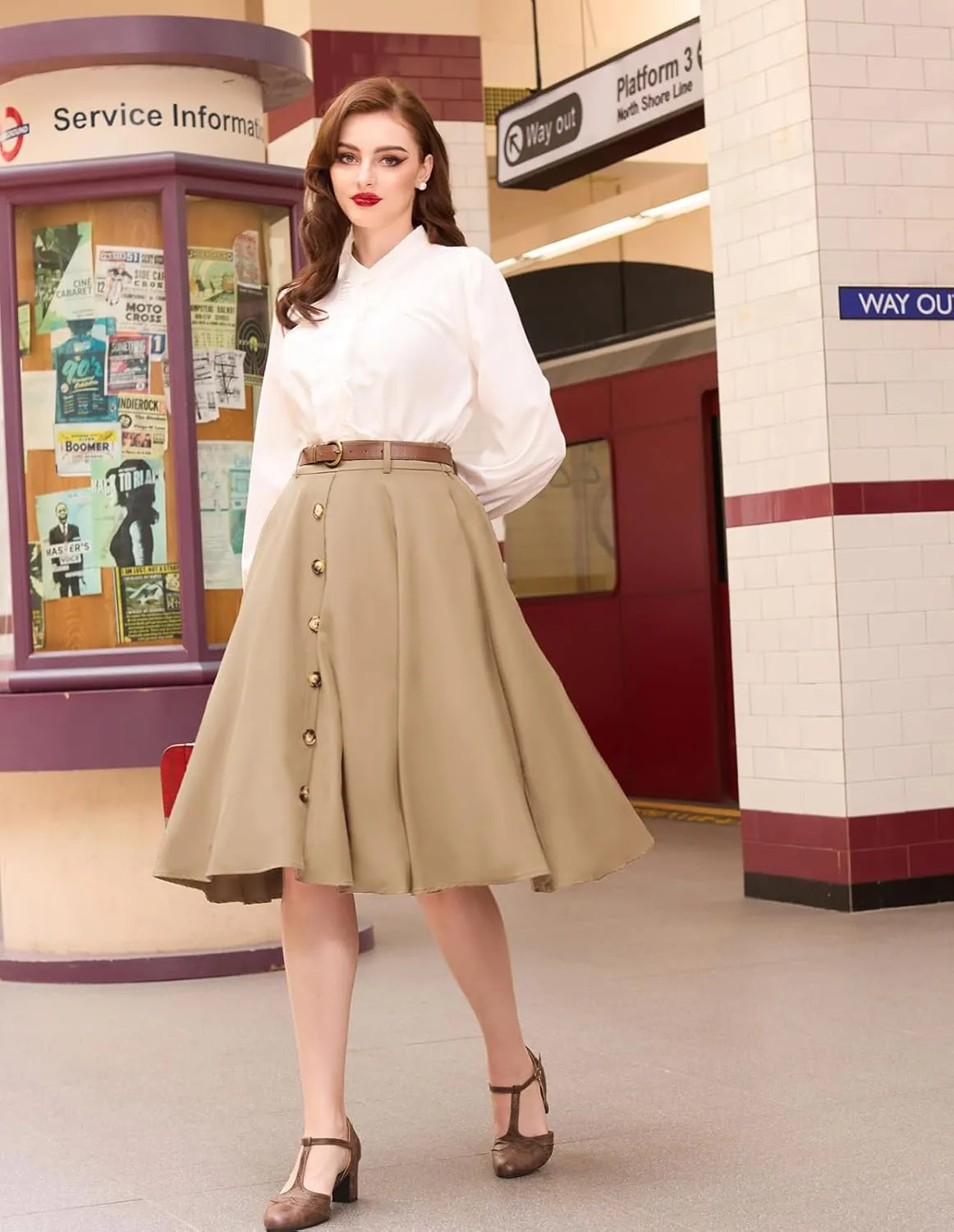 Belle Poque Women's Vintage Stretch High Waist A-Line Flared Midi Skirts with Pockets & Belts