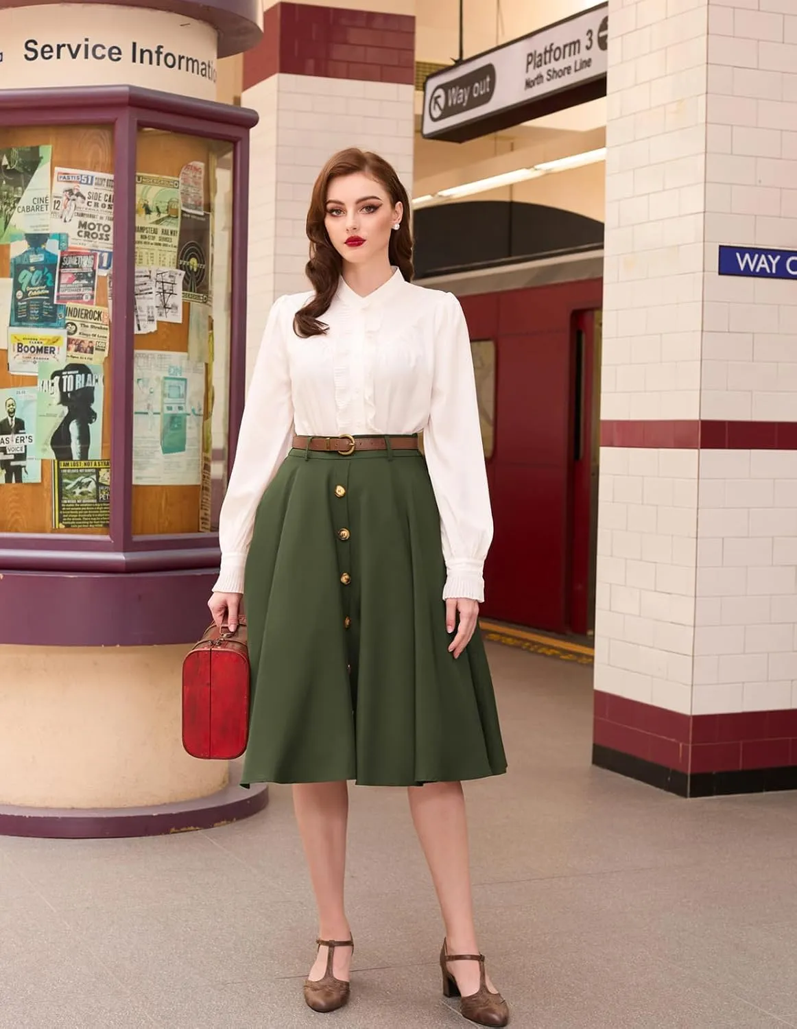 Belle Poque Women's Vintage Stretch High Waist A-Line Flared Midi Skirts with Pockets & Belts