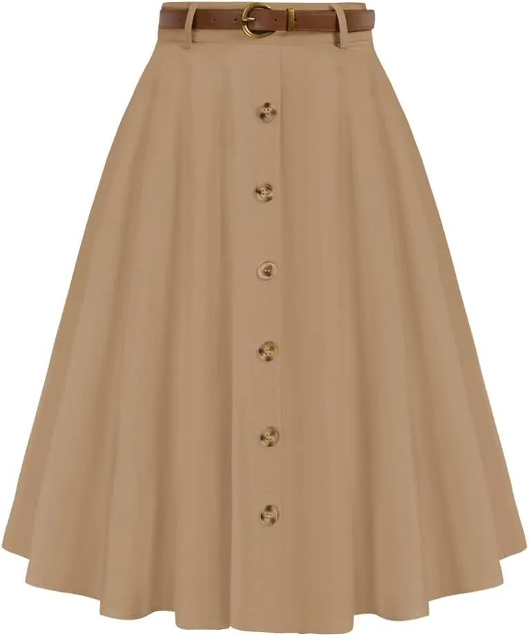 Belle Poque Women's Vintage Stretch High Waist A-Line Flared Midi Skirts with Pockets & Belts